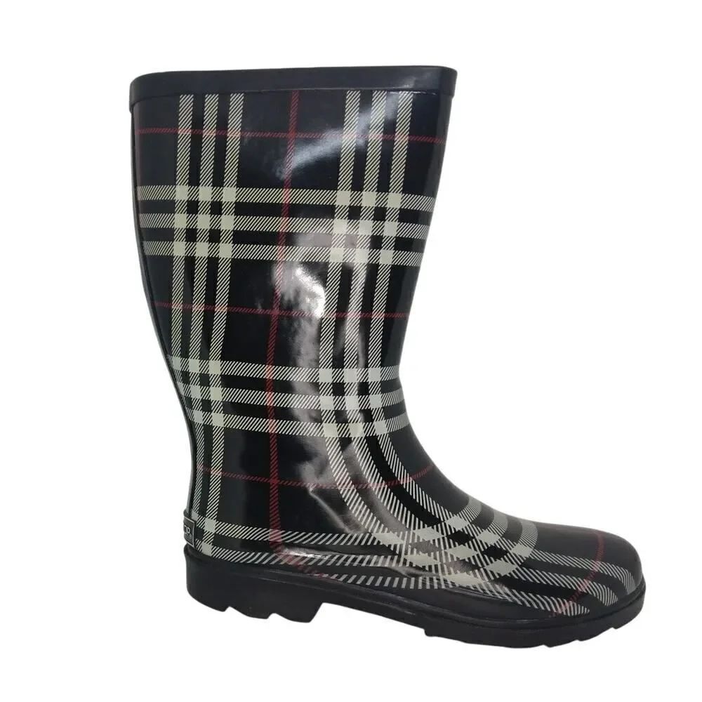 Aqua Stop Womens Pre-owned Waterproof Black/White/Red Rain Boots - sz. 8M